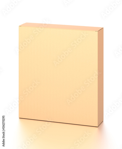 Brown corrugated cardboard box from top front far side angle. Blank, vertical, and rectangle shape.