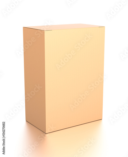 Brown corrugated cardboard box from top side angle. Blank, vertical, and rectangle shape.