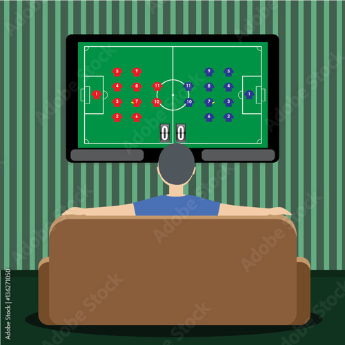Man on sofa at home and watching football or soccer game on TV, vector illustration