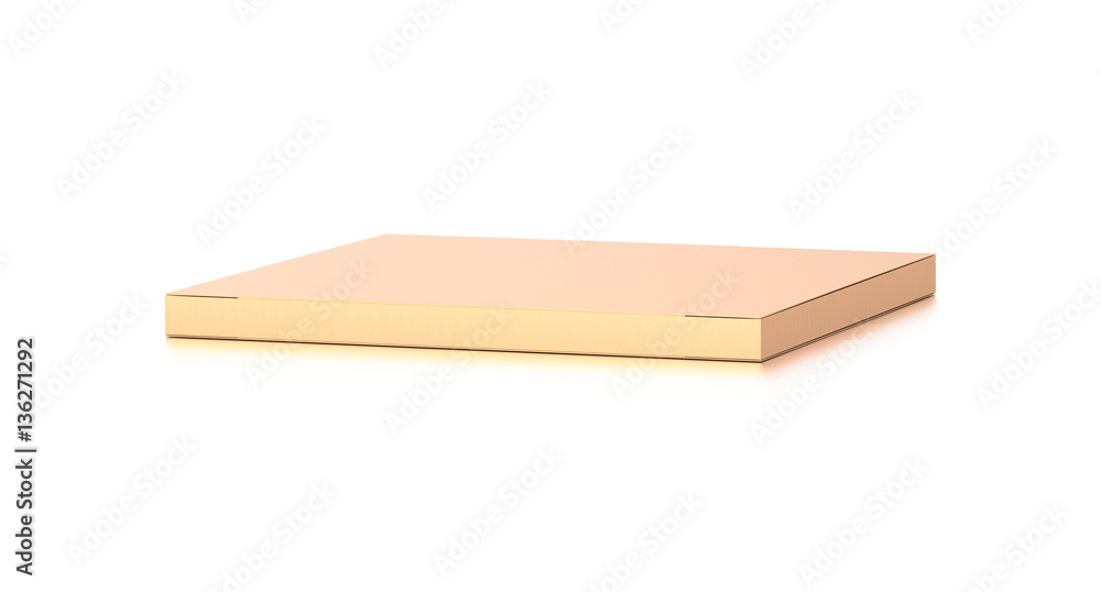Brown corrugated cardboard box from top front far side angle. Blank, horizontal, thin, and rectangle shape.