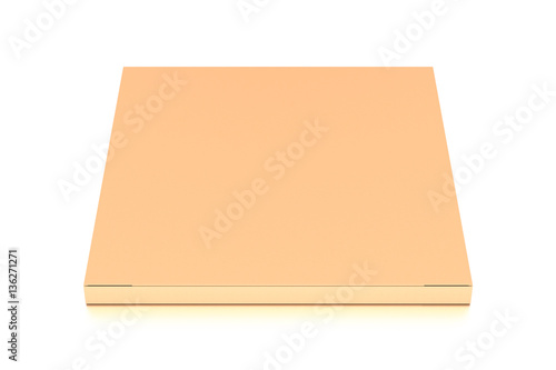 Brown corrugated cardboard box from top front closeup angle. Blank, horizontal, thin, and rectangle shape.