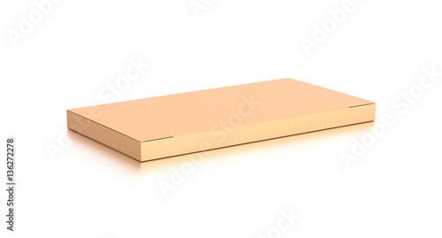 Brown corrugated cardboard box from top side angle. Blank, horizontal, thin, and rectangle shape.