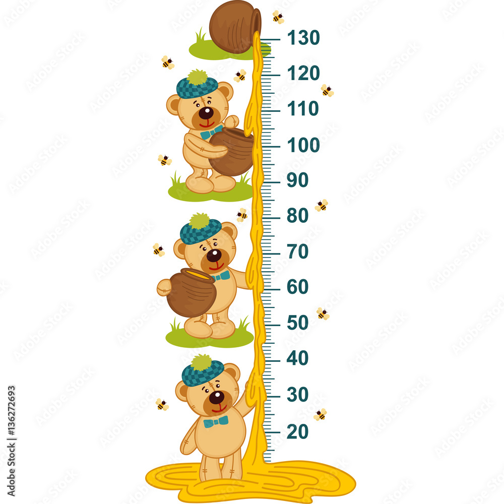 Obraz premium teddy bear and honey height measure - vector illustration, eps