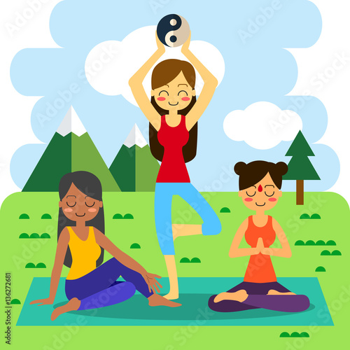 Vector illustration. Woman practicing yoga. In asana Vrikshasana.