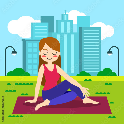 Vector illustration. Woman practicing yoga. In asana Vrikshasana.