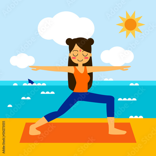Vector illustration. Woman practicing yoga. In asana Vrikshasana.
