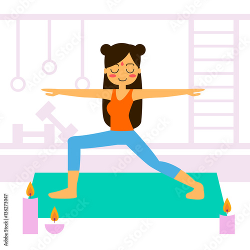Vector illustration. Woman practicing yoga. In asana Vrikshasana.