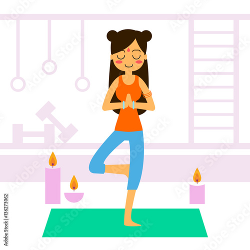 Vector illustration. Woman practicing yoga. In asana Vrikshasana.