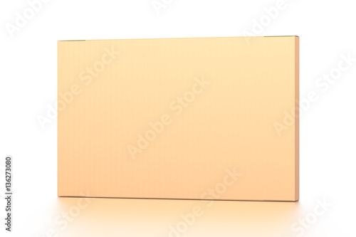 Brown corrugated cardboard box from front far side angle. Blank, horizontal, thin, and rectangle shape. © Mockup Cake