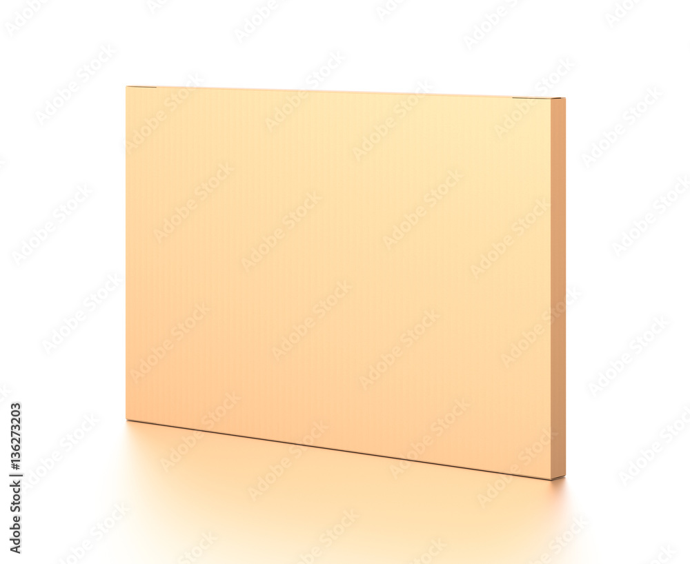 Fototapeta premium Brown corrugated cardboard box from side angle. Blank, horizontal, thin, and rectangle shape.