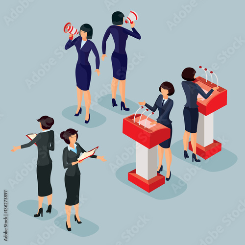 Vector illustration isometric people businessman doing a report