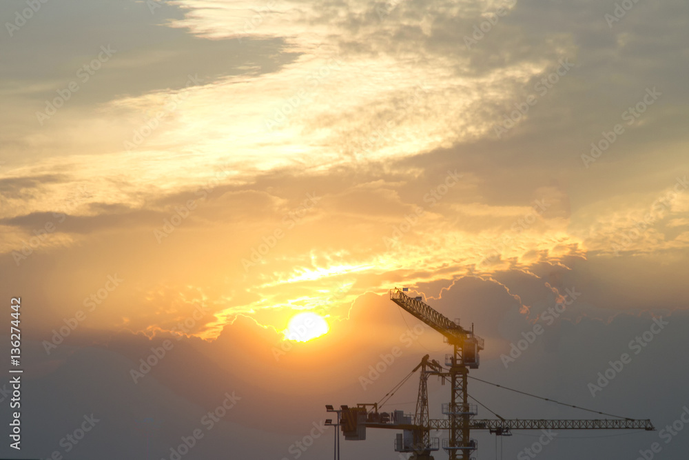Cranes in everning and sun sky