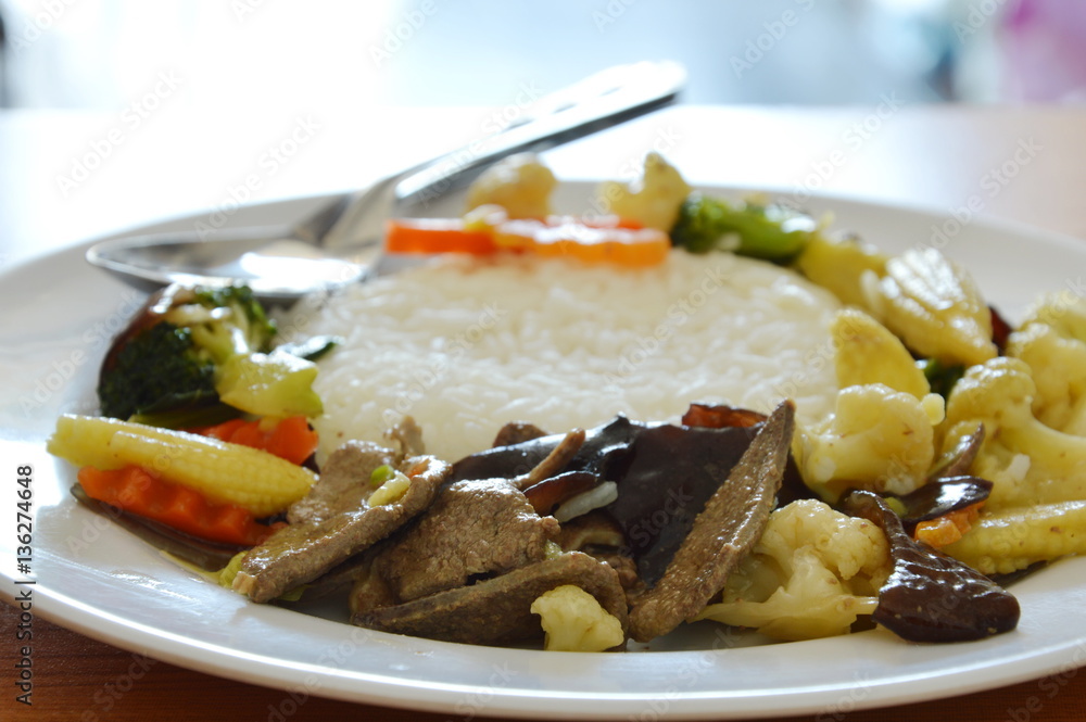 stir fried mixed vegetable with pork liver on rice stir fried mixed vegetable with pork liver on rice