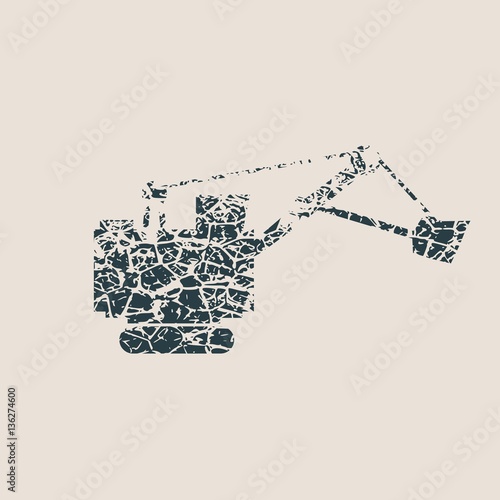 Flat big excavator. Grunge Style Abstract icon. Vector Illustration.