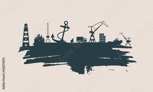 Cargo port relative icons set. Sketch style illustration. Grunge brush stroke.