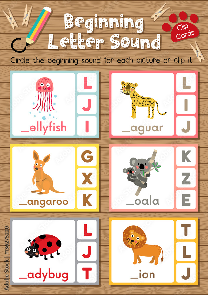 clip cards matching game of beginning letter sound j k l for preschool kids activity worksheet in animals theme colorful printable version layout in a4 stock vector adobe stock