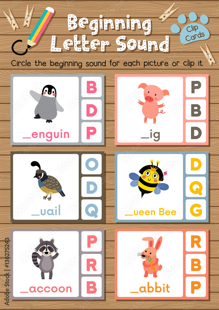 clip cards matching game of beginning letter sound p q r for preschool kids activity worksheet in animals theme colorful printable version layout in a4 stock vector adobe stock