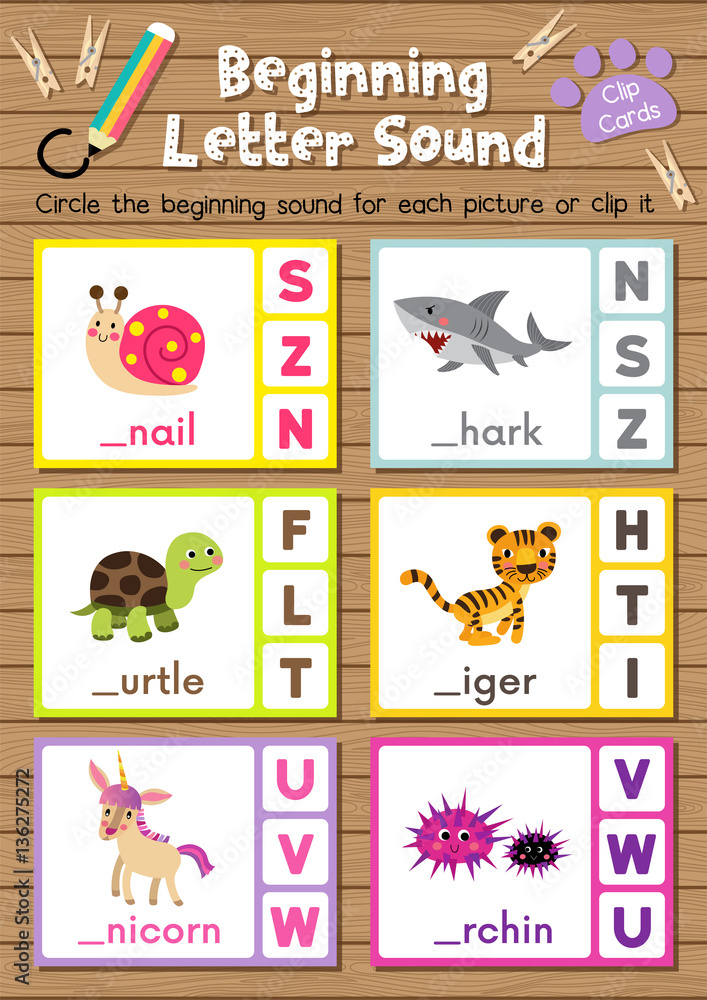 Clip cards matching game of beginning letter sound S, T, U for preschool kids activity worksheet in animals theme colorful printable version layout in A4. Stock Vector | Adobe Stock Clip cards matching game of beginning letter sound S, T, U for preschool kids activity worksheet in animals theme colorful printable version layout in A4. Stock Vector | Adobe Stock