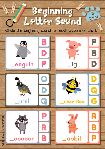 Clip cards matching game of beginning letter sound P, Q, R for preschool kids activity worksheet in animals theme colorful printable version layout in A4.