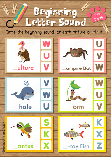 Clip cards matching game of beginning letter sound V, W, X for preschool kids activity worksheet in animals theme colorful printable version layout in A4.