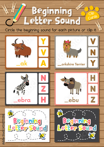 Clip cards matching game of beginning letter sound Y, Z for preschool kids activity worksheet in animals theme colorful printable version layout in A4.