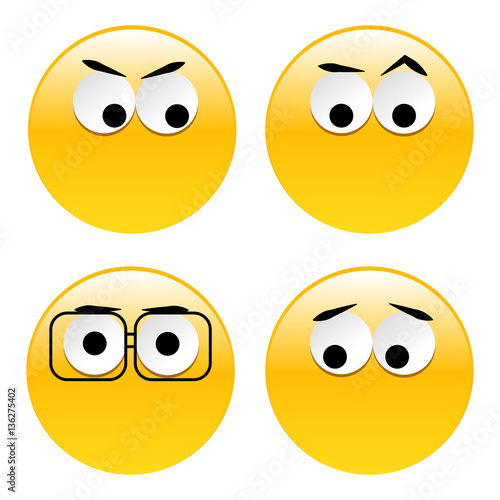 Set of yellow emojis icons isolated on white background. Four smilies mockups. Vector illustration.