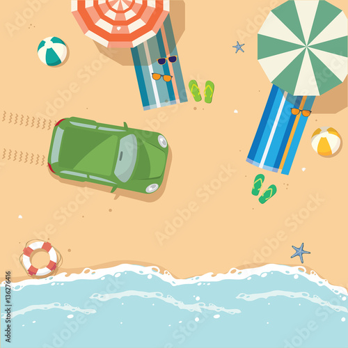 Vector beach with waves, umbrellas, bright towels and green car