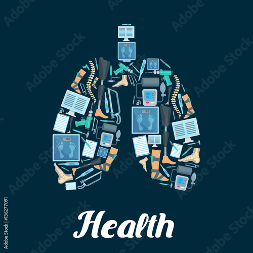 Health vector poster of lungs and medical items