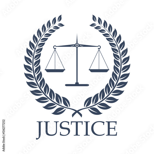 Justice scales and law vector laurel wreath icon