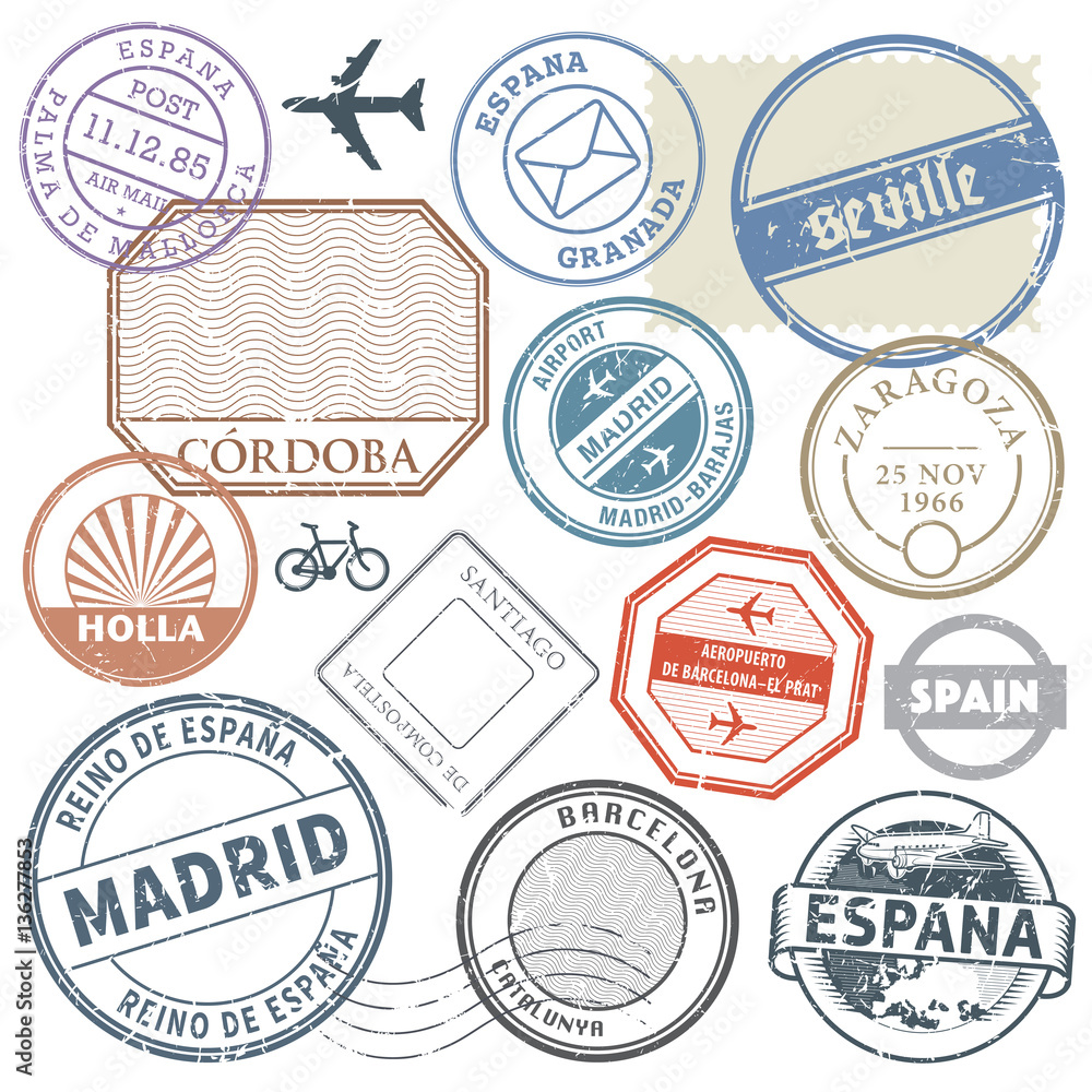 Fototapeta premium Travel stamps or adventure symbols set Spain theme, vector illus