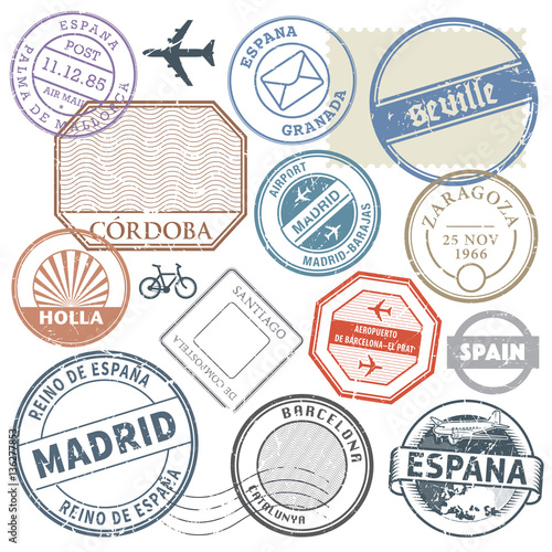 Travel stamps or adventure symbols set Spain theme, vector illus
