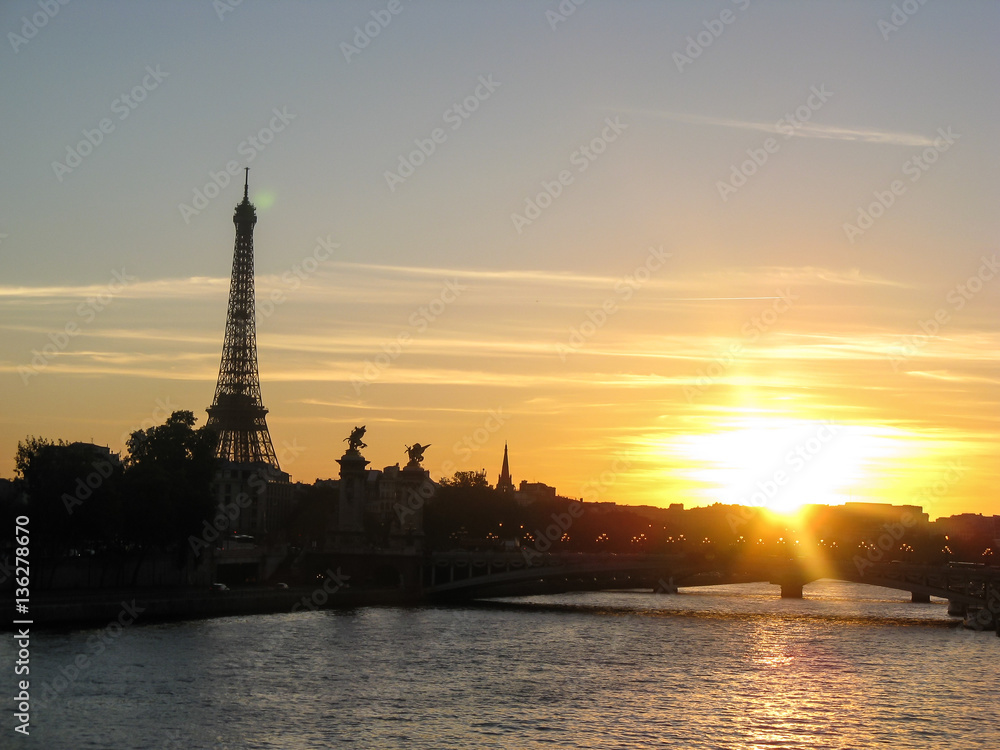 Beautiful sunset panorama of Paris with Eifell tower