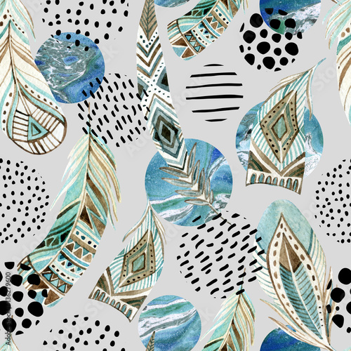 Watercolor tribal feathers seamless pattern with abstract marble and grunge s...