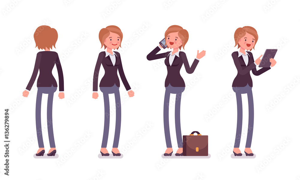 Fototapeta premium Set of female manager in standing poses, rear, front view