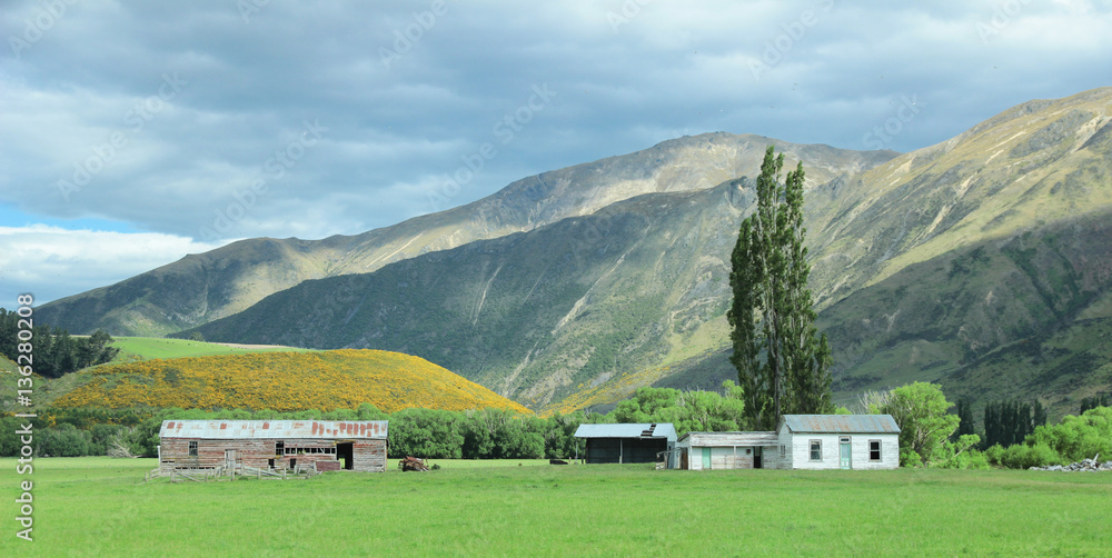Landscape mountain meadows with little house