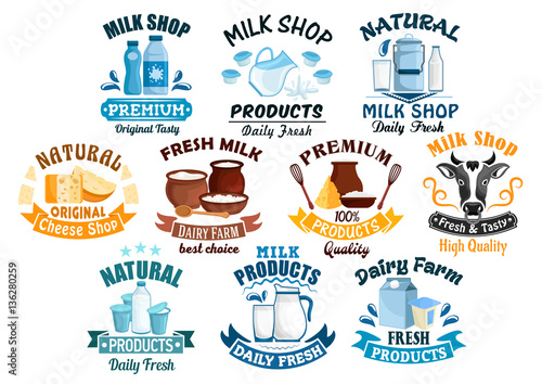 Milk shop and natural dairy products vector icons