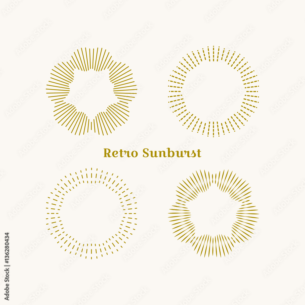 Fototapeta premium Sunburst frames set. Retro gold Sun burst shape. Vintage explosion logo, label, badge. Firework design element. Old light rays radiating from a center. Retro, vintage, hipster style