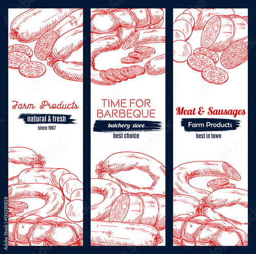Sausages and barbecue meat vector banners sketch
