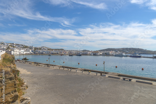Panoramic view of Mykonos port  Cyclades  Greece during summer.