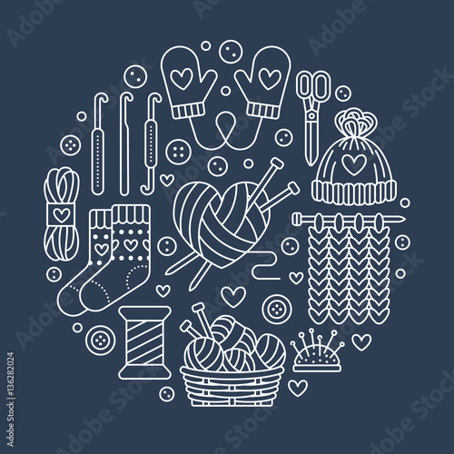 Knitting, crochet, hand made banner illustration. Vector line icon knitting needle, hook, scarf, socks, pattern, wool skeins and other DIY equipment. Yarn or tailor store template.
