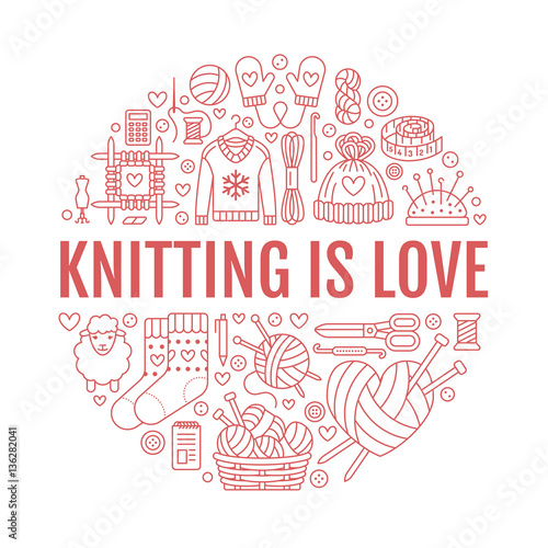 Knitting, crochet, hand made banner illustration. Vector line icon knitting needle, hook, scarf, socks, pattern, wool skeins and other DIY equipment. Yarn or tailor store template with place for text.