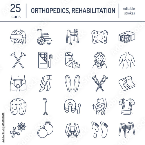 Orthopedic, trauma rehabilitation line icons. Crutches, orthopedics mattress pillow, cervical collar, walkers and other medical rehab goods. Health care thin linear signs for clinic and hospital.