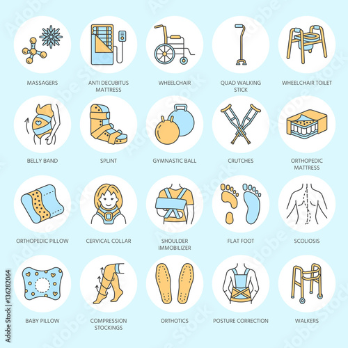 Orthopedic, trauma rehabilitation line icons. Crutches, orthopedics mattress pillow, cervical collar, walkers and other medical rehab goods. Health care thin linear signs for clinic and hospital.