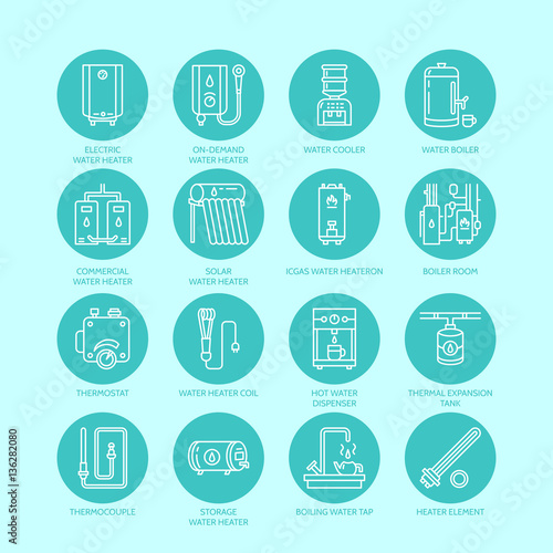 Heater, water boiler, thermostat, electric, gas, solar heaters and other house heating equipment line icons. Thin linear pictogram with editable strokes for hardware store. Household appliances signs.