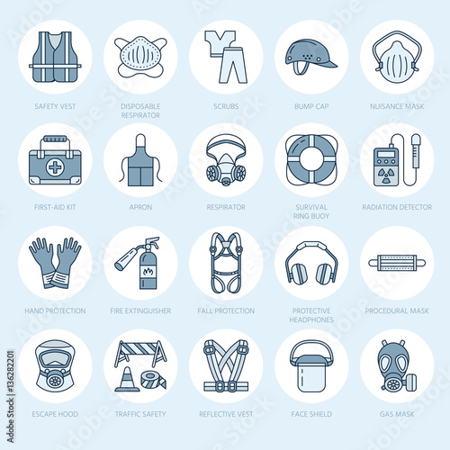 Personal protective equipment line icons. Gas mask, ring buoy, respirator, bump cap, ear plugs and safety work garment. Health protection thin linear signs.