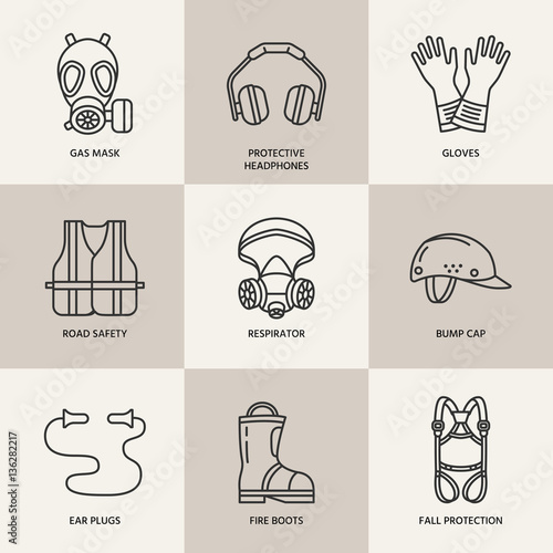 Personal protective equipment line icons. Gas mask, ring buoy, respirator, bump cap, ear plugs and safety work garment. Health protection thin linear signs.