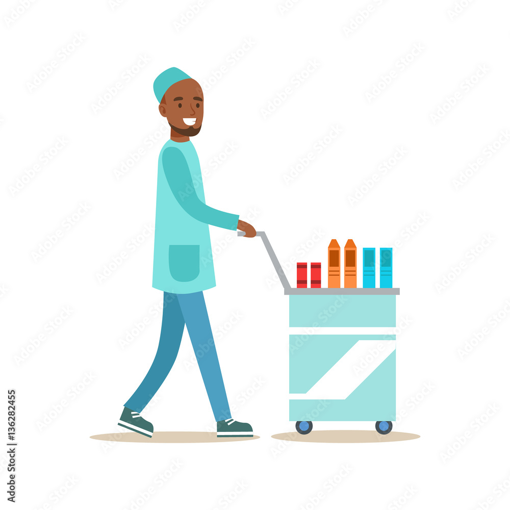 Male Nurse With Food Cart Delivering Food To Patients, Hospital And Healthcare Illustration