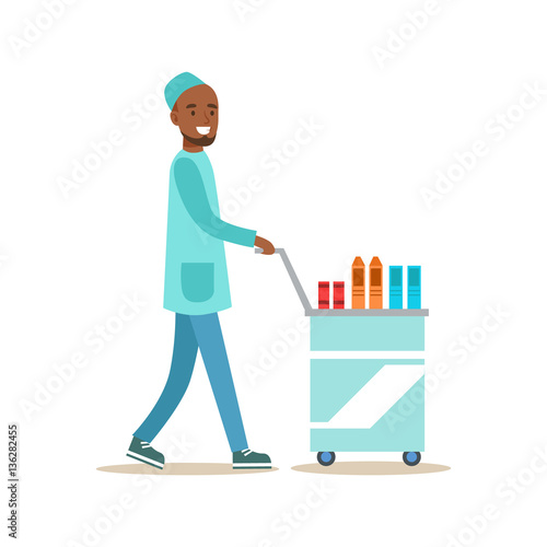Male Nurse With Food Cart Delivering Food To Patients, Hospital And Healthcare Illustration