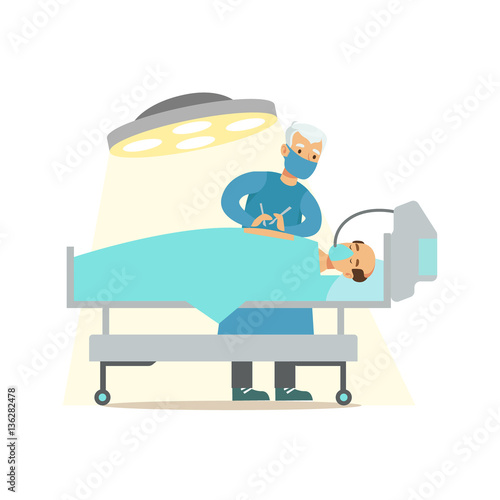 Surgeon Operating On Unconcious Patient In Surgery Room, Hospital And Healthcare Illustration