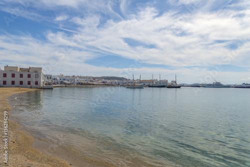 Panoramic view of Mykonos port  Cyclades  Greece during summer.